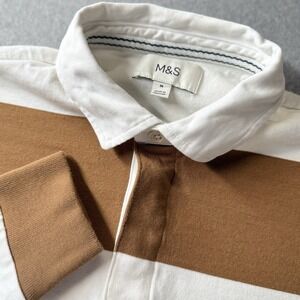 M&S Rugby Shirt Mens Medium Brown White Striped Collared 1884 Cotton Casual